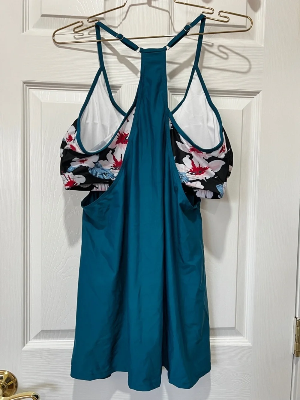 Swimsuit Tankini Top Teal Floral Built-In Bra Racer-Back Style Size XXL